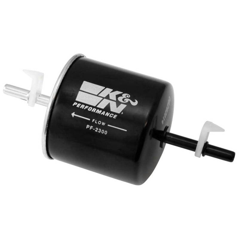 K&N PF-2300 cellulose media fuel filter with carbon steel housing and rolled seam