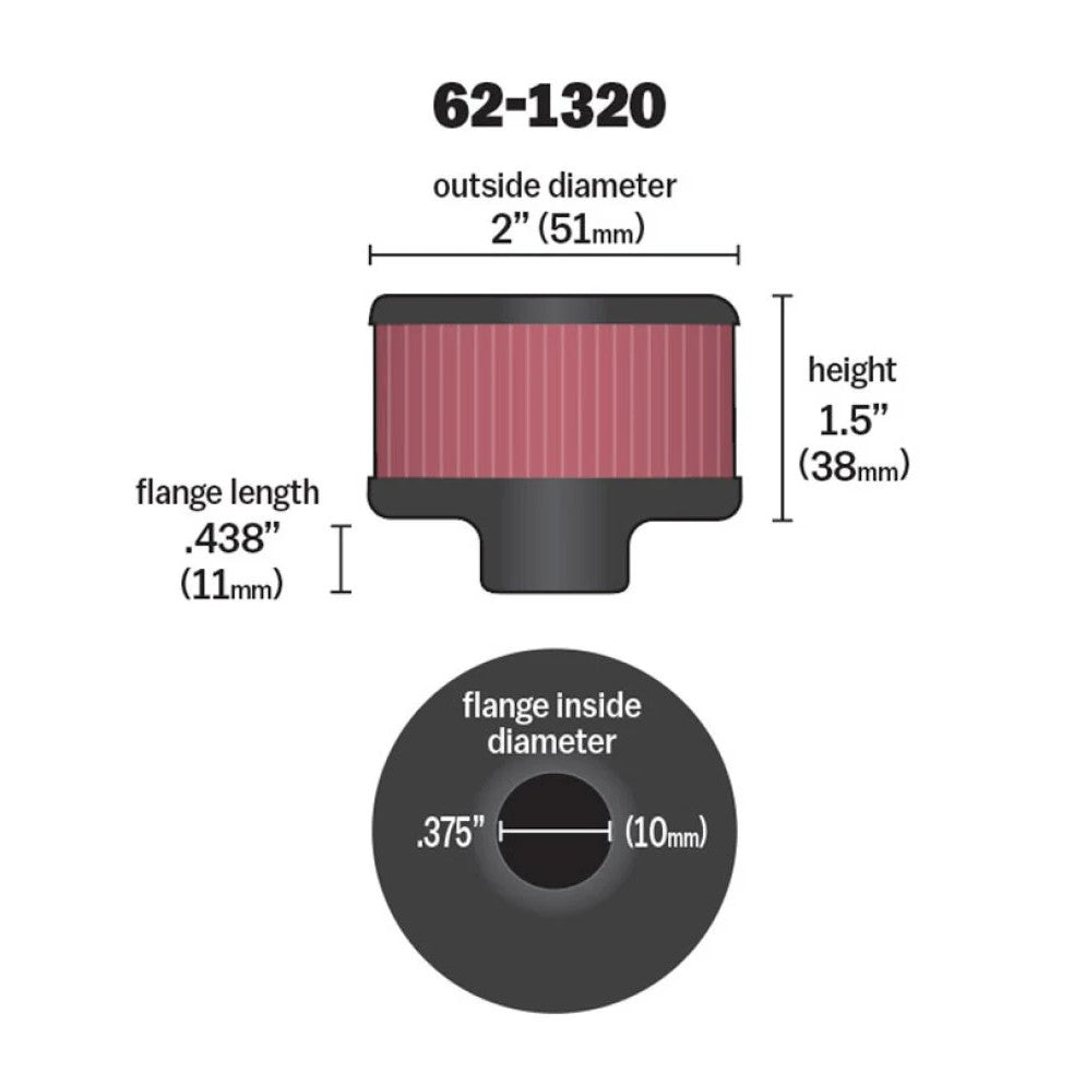 K&N 62-1320 crankcase vent filter with embossed chrome top and 0.375 inch black rubber clamp-on flange.