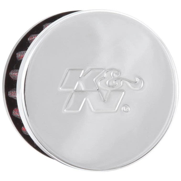K&N 62-1330 clamp-on crankcase vent filter with chrome-plated steel top and 0.5 inch rubber flange.