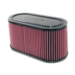 K&N E-3033 oval cotton gauze replacement air filter with red pleated media and 7-inch height.