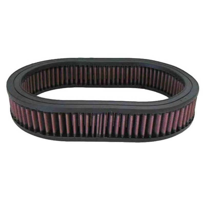 K&N E-3505 oval custom air filter with red pleated oiled cotton media and black rubber seals