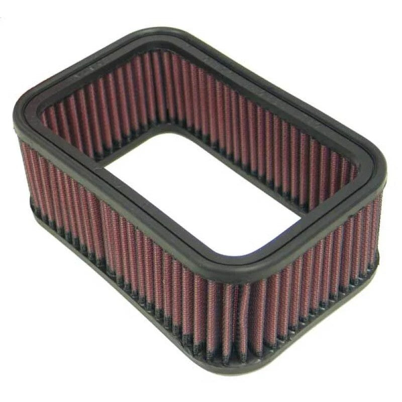 Rectangular K&N custom air filter featuring red pleated oiled cotton media and a black rubber seal