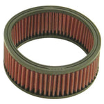 K&N E-3322 round custom air filter featuring red pleated oiled cotton media and metal mesh reinforcement.