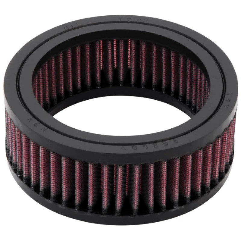 K&N E-3200 round high-flow air filter featuring red pleated oiled cotton media and a 5.375 inch outer diameter.