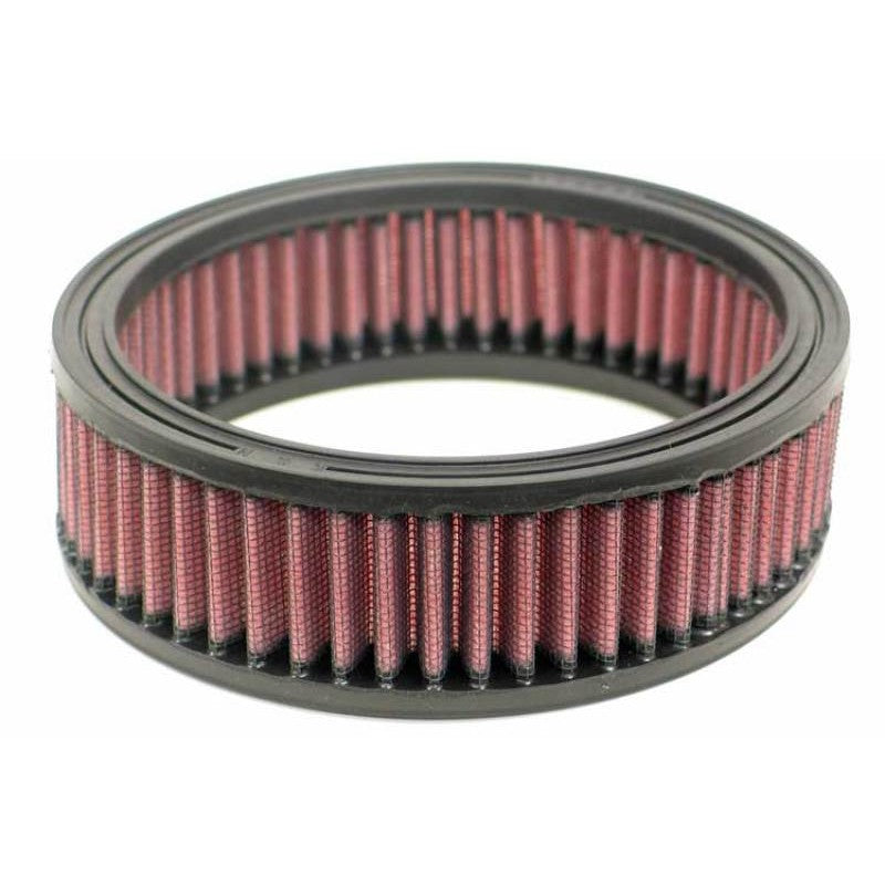 K&N E-3212 round high-flow air filter featuring red pleated oiled cotton media and black rubber mounting seals.