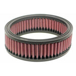 K&N E-3212 round high-flow air filter featuring red pleated oiled cotton media and black rubber mounting seals.