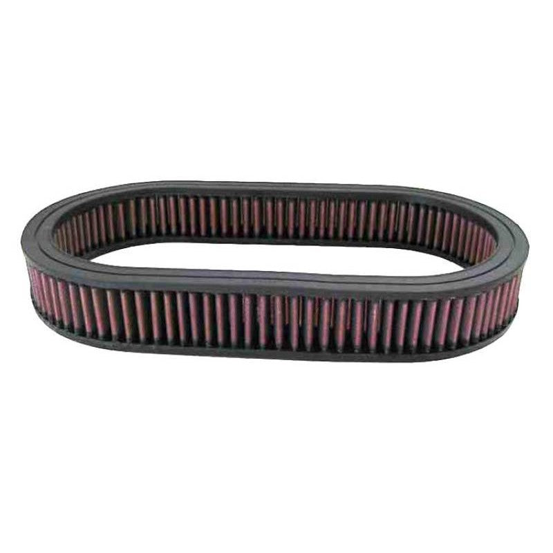K&N E-3515 custom oval air filter with red pleated oiled cotton media and black polyurethane seals