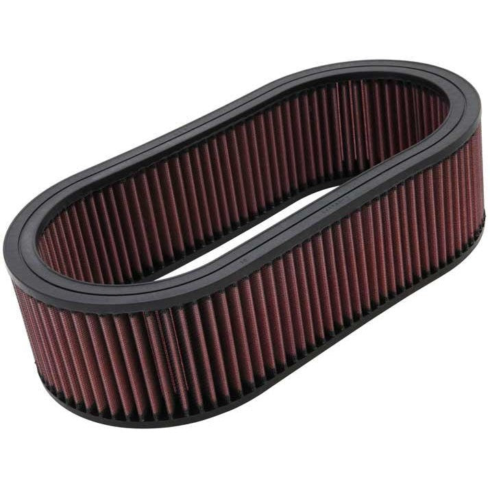 K&N E-3514 oval high-flow air filter featuring pleated pink oiled cotton media and black rubber seals.