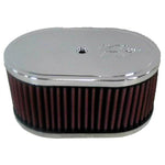 K&N 56-1350 oval air filter assembly with chrome top and base plates and red washable filter media.