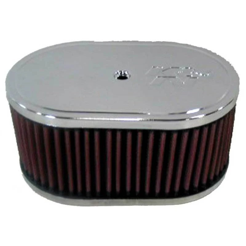 K&N 56-1350 oval air filter assembly with chrome top and base plates and red washable filter media.