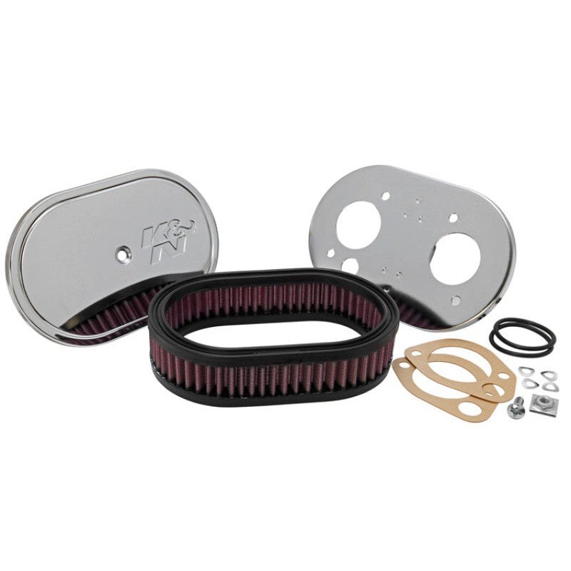 K&N 56-1270 custom racing assembly with oval red filter element and chrome-style top and base plates.