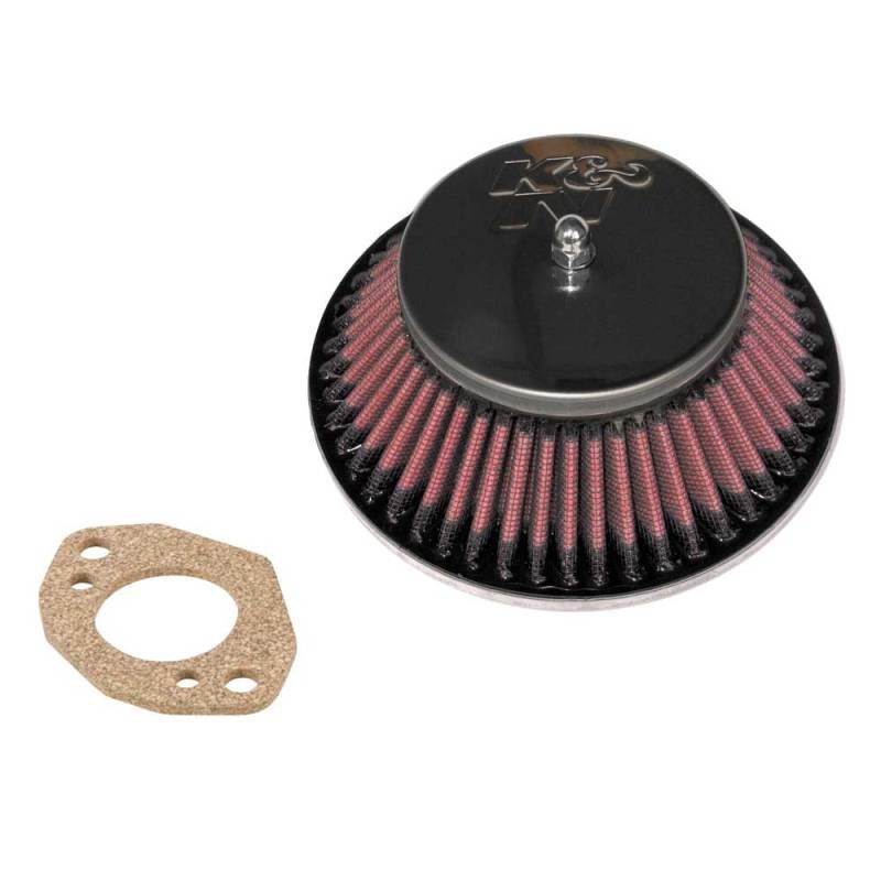 K&N 56-9320 round tapered racing air filter with chrome top and base plates and a 1.375 inch red neck flange.