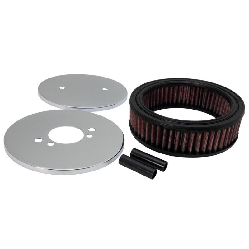 K&N 56-1400 custom round air filter assembly with chrome top and base and red pleated filter media.
