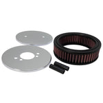 K&N 56-1400 custom round air filter assembly with chrome top and base and red pleated filter media.