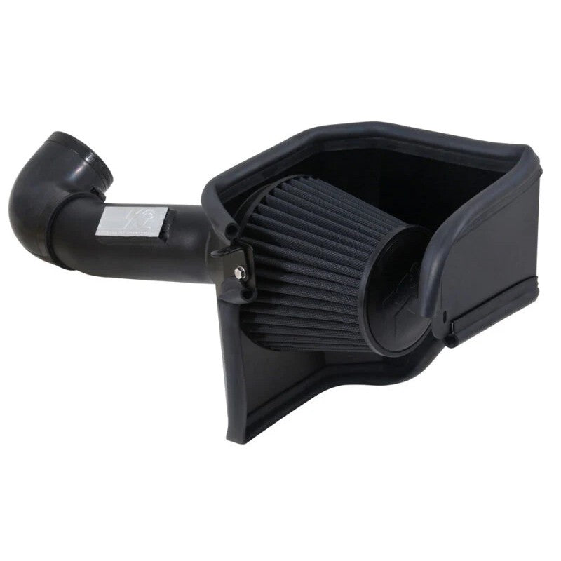K&N black performance intake system with a synthetic Dryflow air filter, black intake tube, and custom heat shield.
