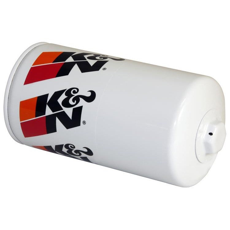 K&N HP-4003 Performance Gold oil filter with white canister and welded 1-inch hex nut for easy removal