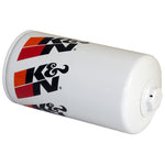 K&N HP-4003 Performance Gold oil filter with white canister and welded 1-inch hex nut for easy removal