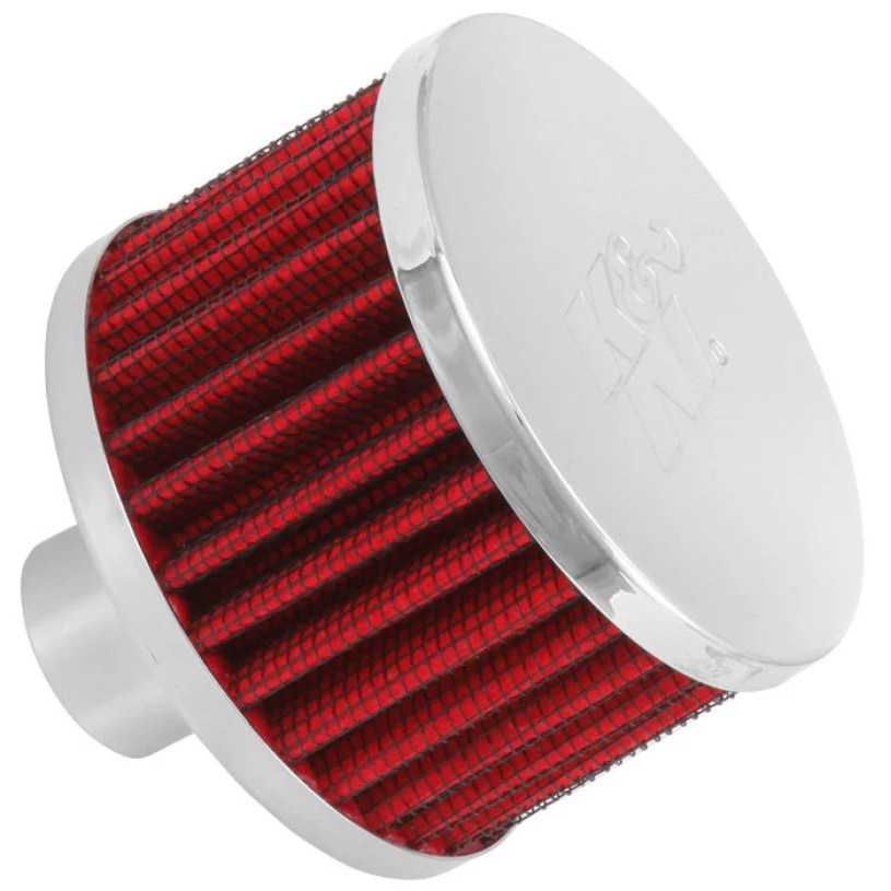 K&N 62-1170 crankcase vent filter featuring an embossed chrome top and 1-inch zinc push-in mounting tube.