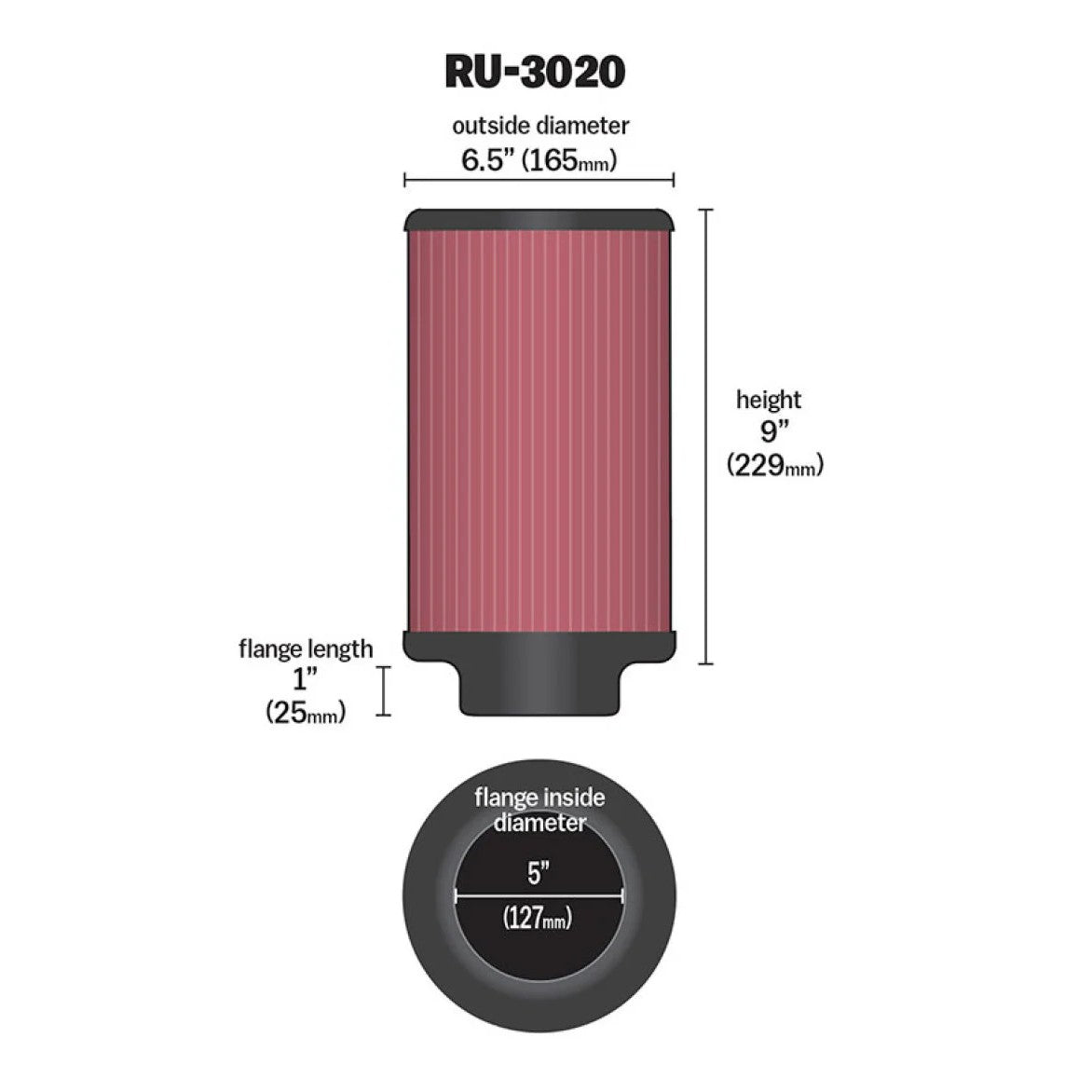 K&N RU-3020 oval universal air filter with a 2.25-inch 10-degree angled flange and red pleated media.