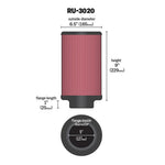 K&N RU-3020 oval universal air filter with a 2.25-inch 10-degree angled flange and red pleated media.