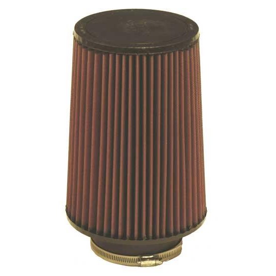 K&N RU-5045 tapered cylindrical air filter featuring a 4-inch black rubber flange and red pleated cotton gauze media.