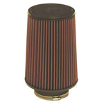 K&N RU-5045 tapered cylindrical air filter featuring a 4-inch black rubber flange and red pleated cotton gauze media.