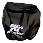 Black K&N Drycharger silicone-treated polyester filter wrap, 6.5 inch base ID by 4.5 inch top ID.