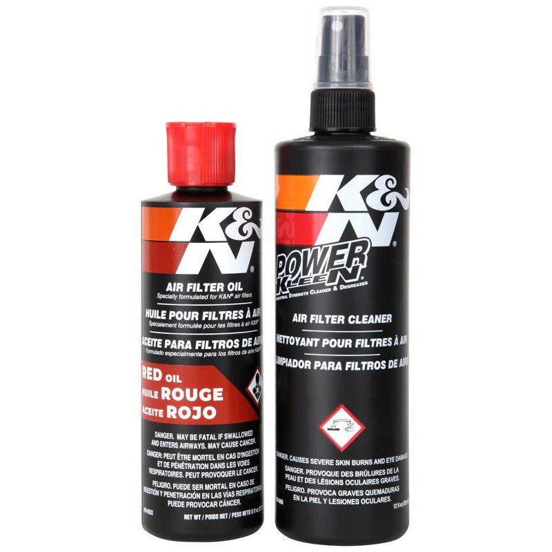 K&N 99-5050 Recharger Kit featuring 12oz Power Kleen spray cleaner and 8oz red filter oil squeeze bottle.