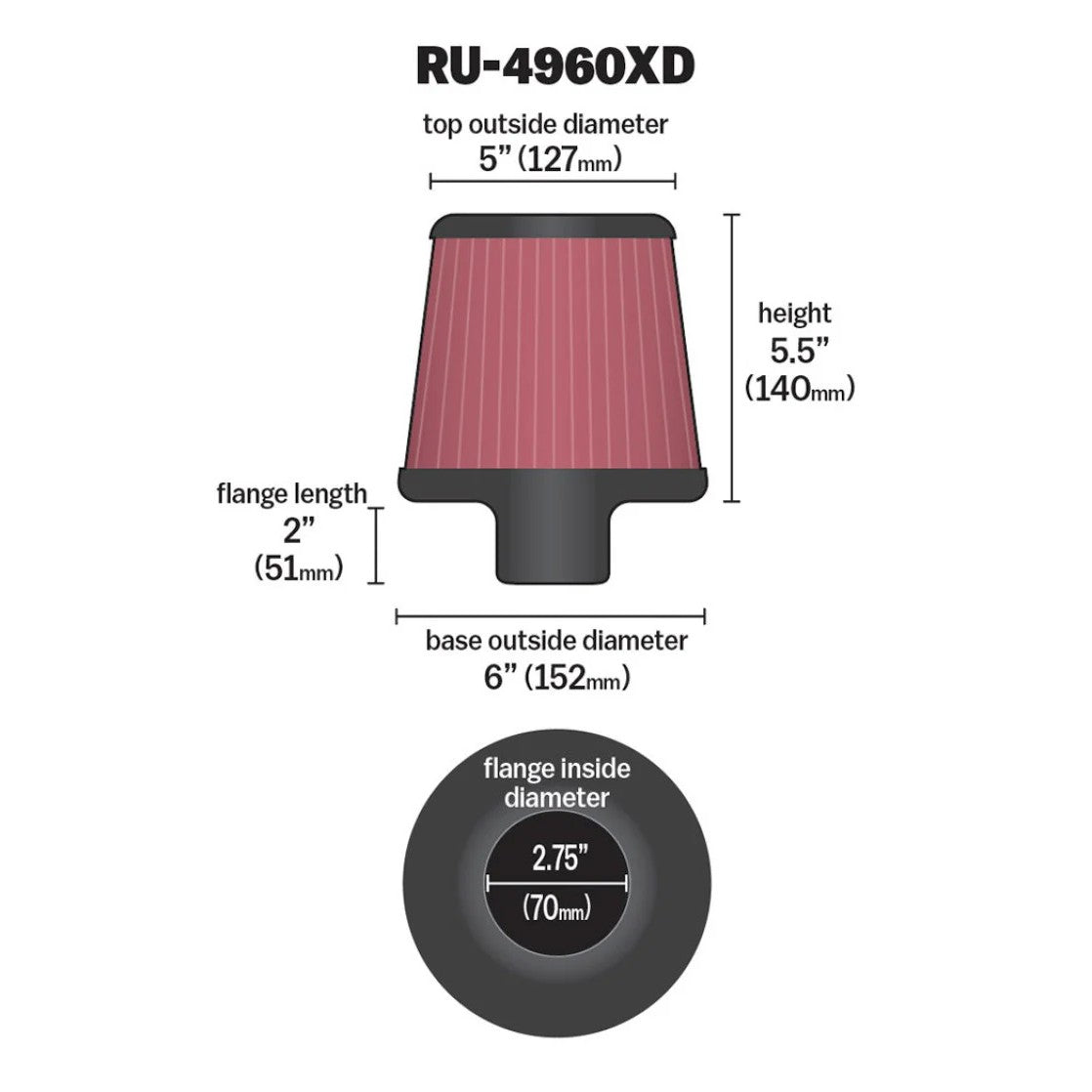 K&N XD round tapered universal clamp-on air filter with deep pile cotton media and a 2.75 inch flange.