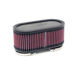 K&N RU-2970 universal air filter with dual rubber flanges, 107mm center-to-center spacing, and pleated cotton media.