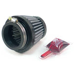 K&N RU-2690 round tapered universal air filter with red pleated media and black rubber clamp-on flange.