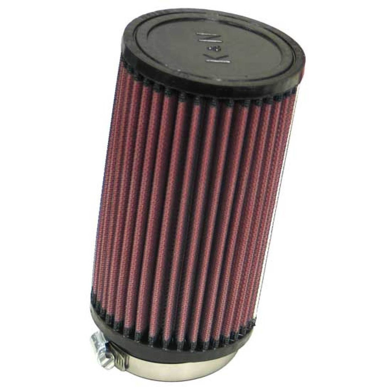 K&N RU-1480 universal round tapered air filter with a 2.75-inch 10-degree angled rubber flange and 7-inch height.
