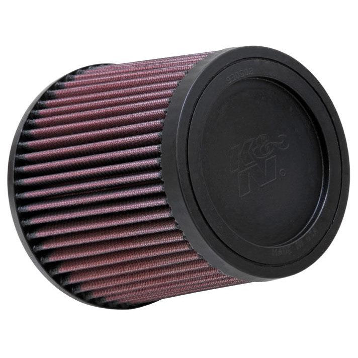 K&N RU-4950 round tapered universal air filter with 2.5 inch rubber flange and pleated red cotton media.