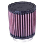 K&N RU-0600 round straight universal air filter featuring red pleated cotton media and a black rubber mounting flange.
