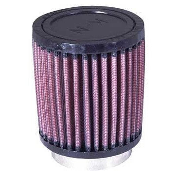 K&N RU-0600 round straight universal air filter featuring red pleated cotton media and a black rubber mounting flange.