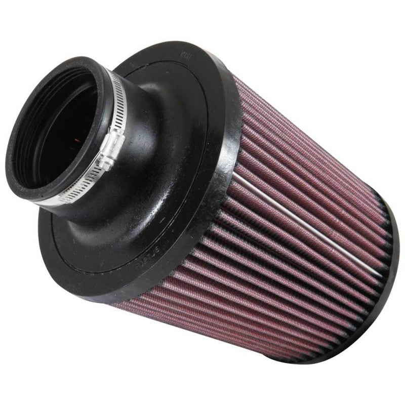 K&N RU-4870 universal conical air filter with black rubber flange and red pleated cotton filter media.