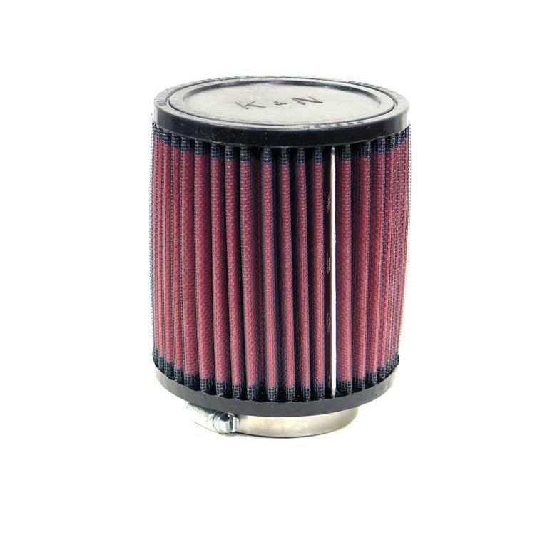 K&N RA-0610 universal round tapered air filter with pleated red media and a black rubber flange