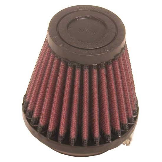 K&N RU-2580 universal round tapered air filter with 2 inch black rubber flange and pleated red cotton media.