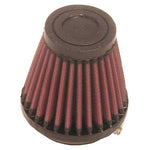 K&N RU-2580 universal round tapered air filter with 2 inch black rubber flange and pleated red cotton media.