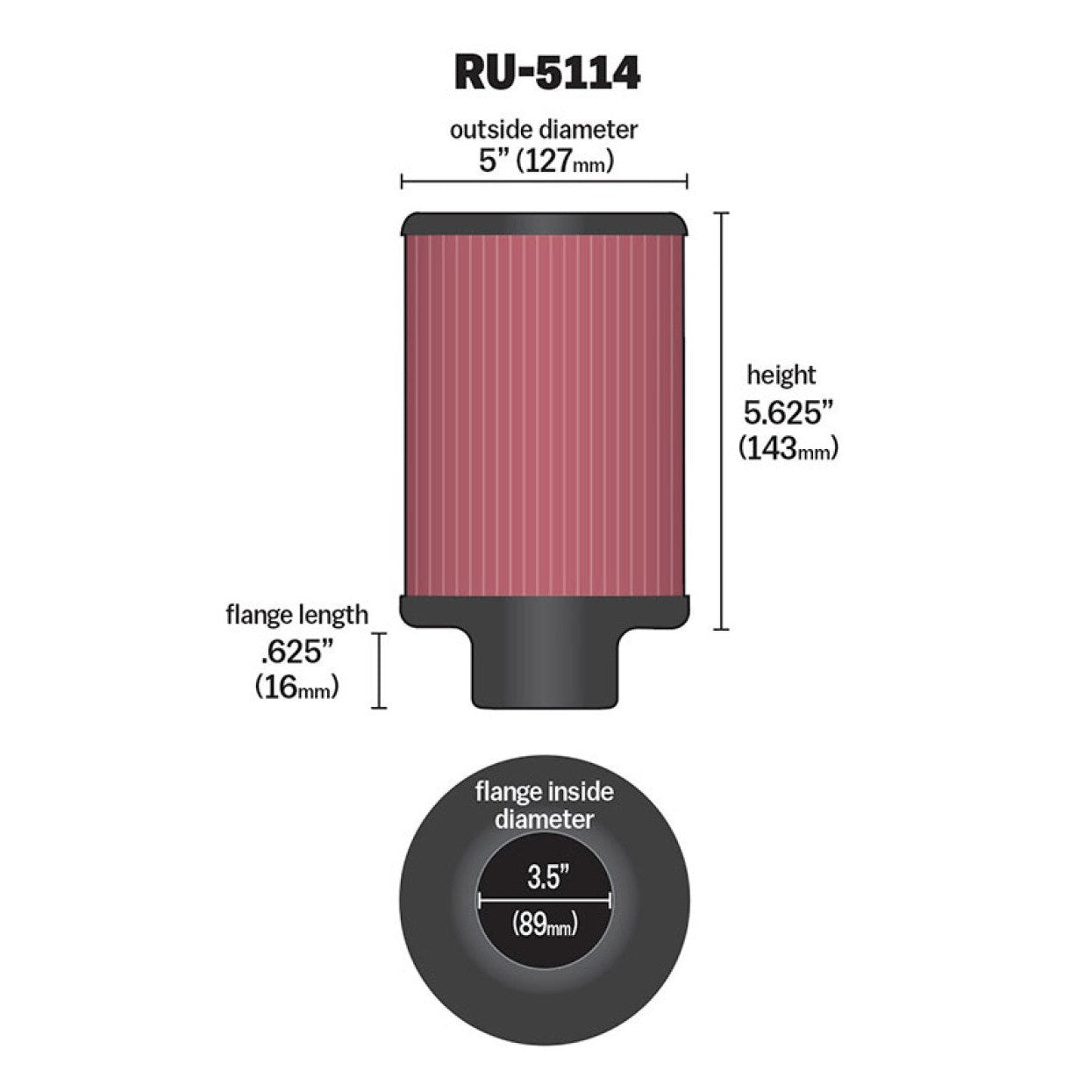 K&N RU-5114 universal air filter with a 3.5-inch rubber flange, 5-inch outside diameter, and pleated cotton media.