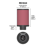 K&N RU-5114 universal air filter with a 3.5-inch rubber flange, 5-inch outside diameter, and pleated cotton media.