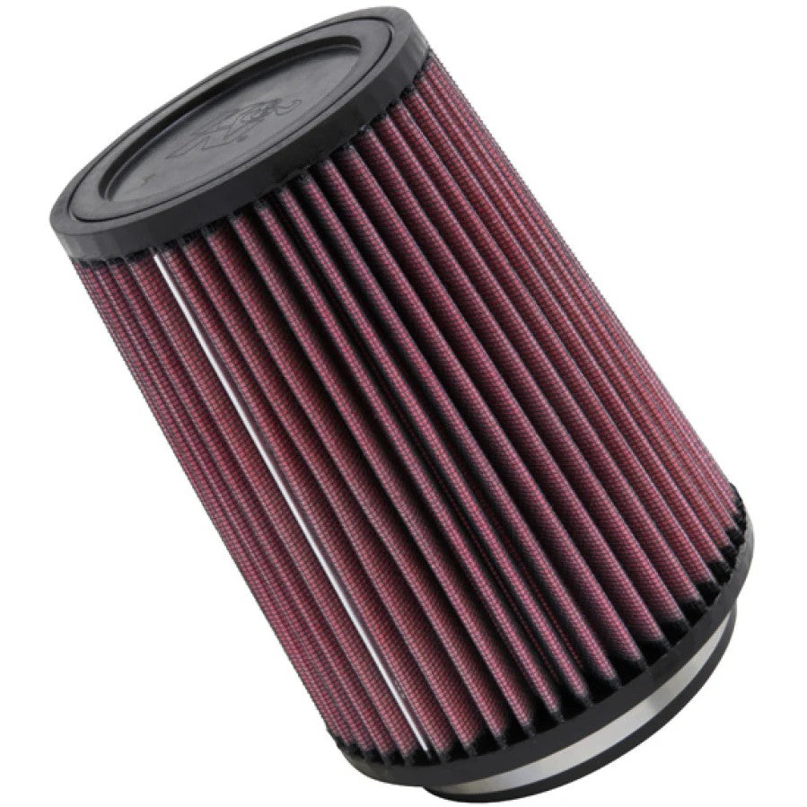 K&N RU-2590 universal tapered air filter with 4-inch rubber flange, 5.375-inch base, and 7-inch height