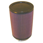 K&N RU-3220 universal air filter featuring a black rubber flange and pleated red filtration media.