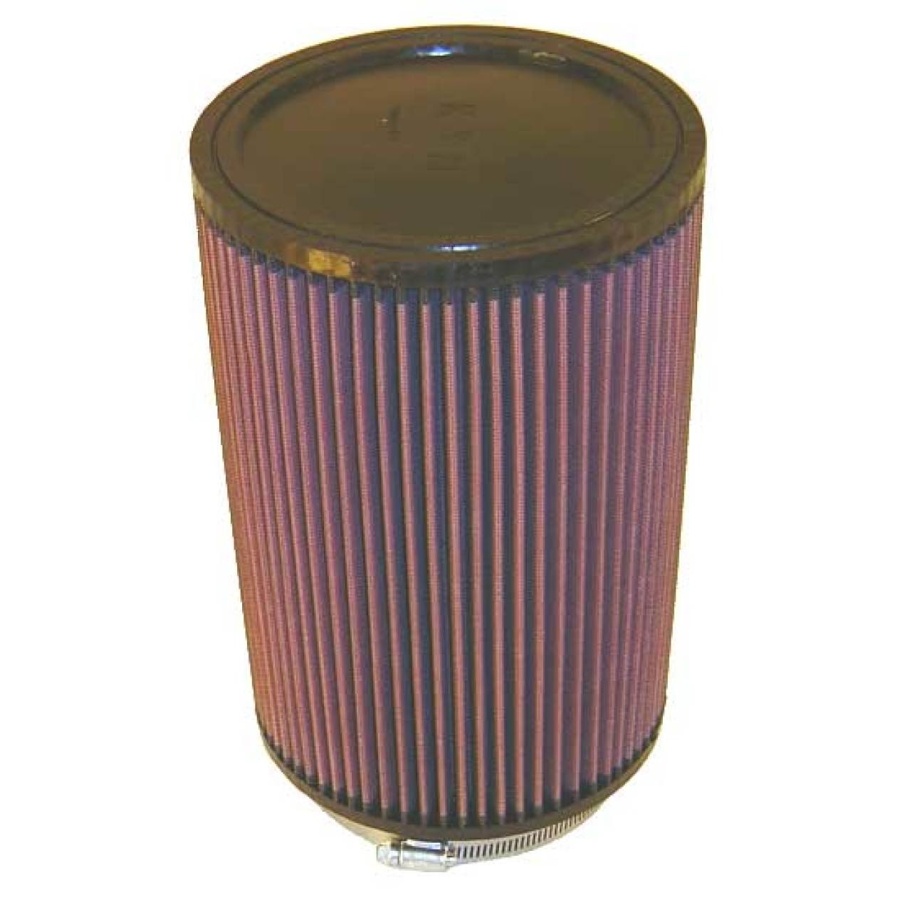 K&N RU-3220 universal air filter featuring a black rubber flange and pleated red filtration media.