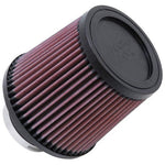 K&N RU-4990 universal round tapered air filter with red pleated media and a black 3-inch rubber mounting flange.