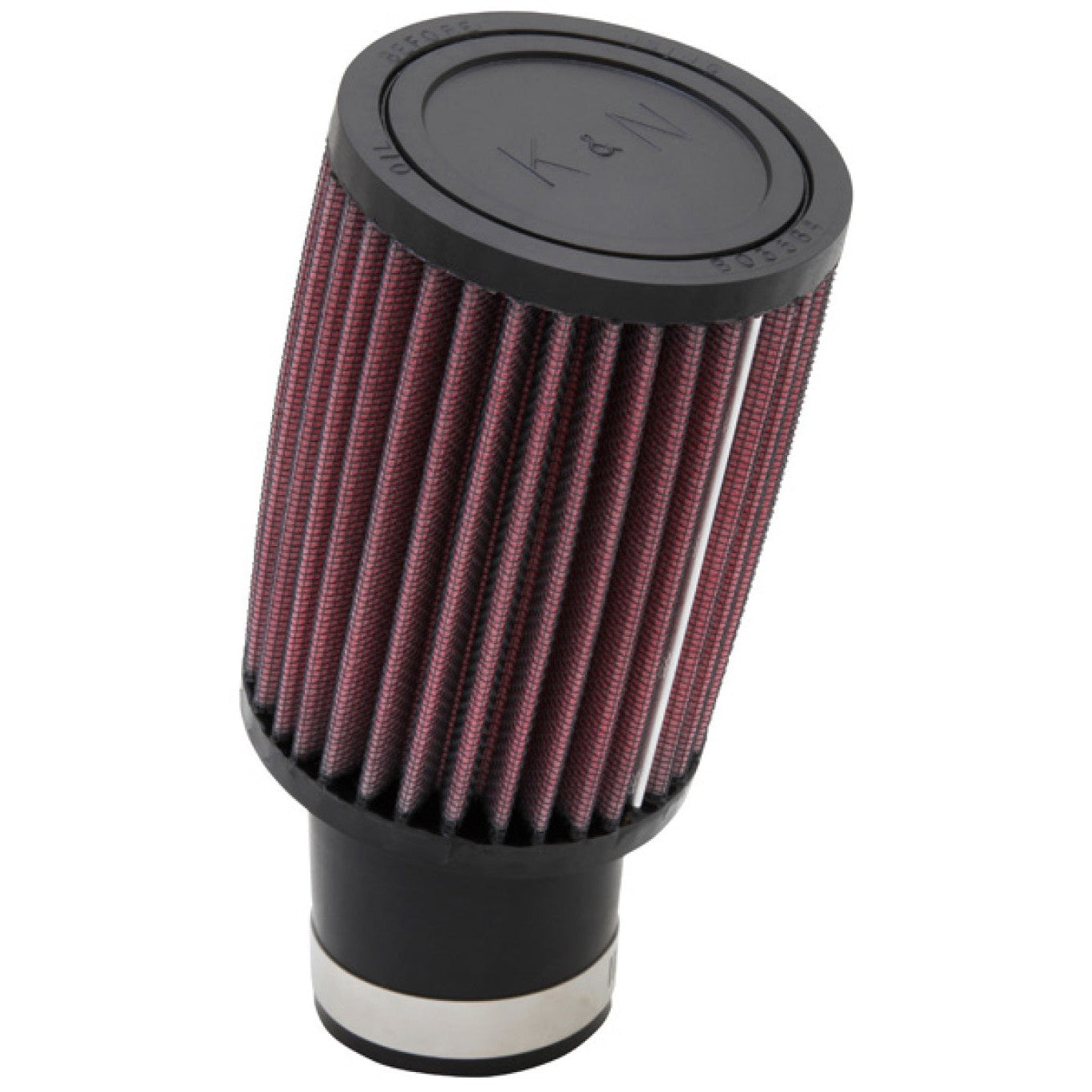 K&N RU-1780 round straight universal air filter with an angled black molded rubber flange