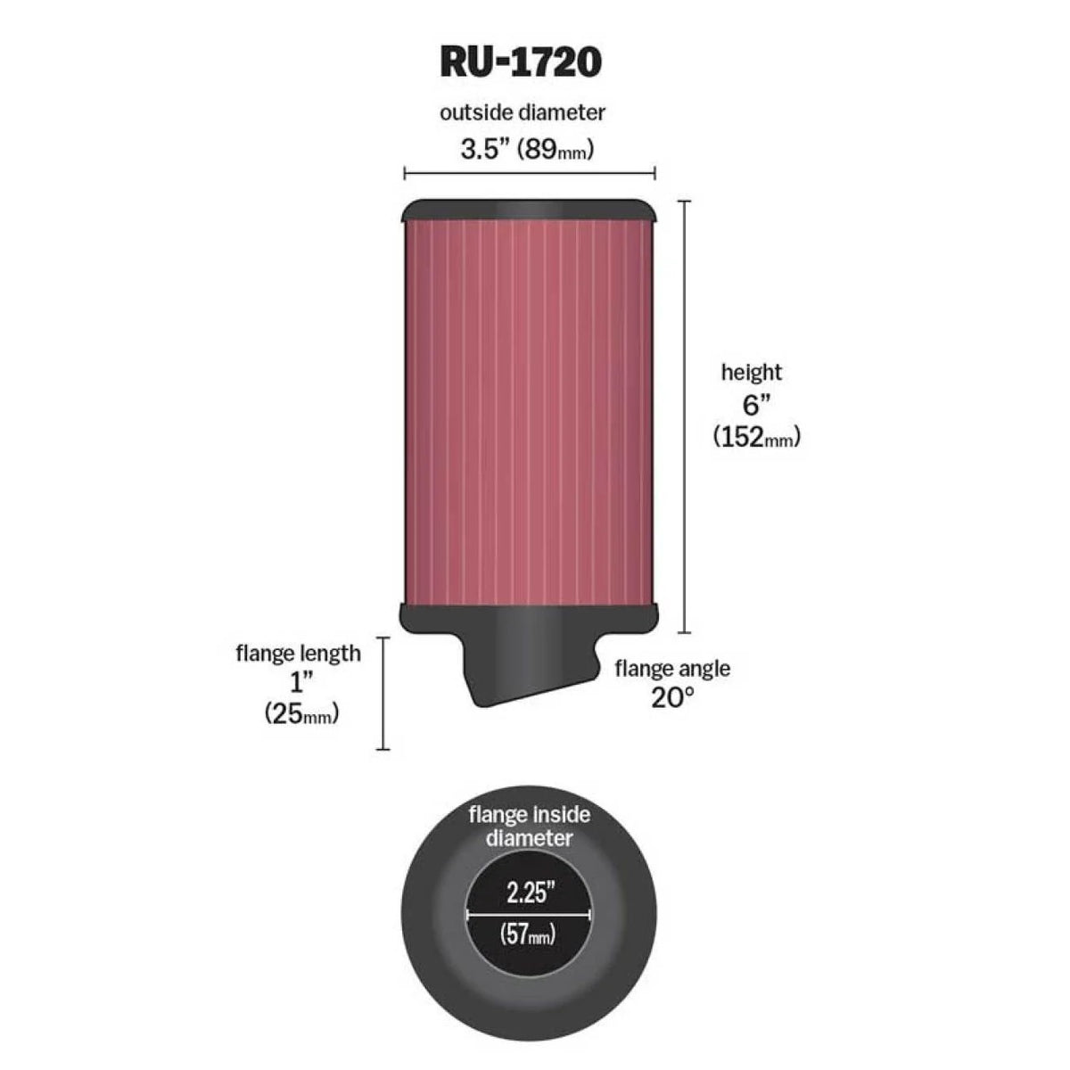 K&N Filter Universal Rubber Round Air Filter 20 Deg Flange Angle 2.25in Flange ID x 3.5in OD x 6in H