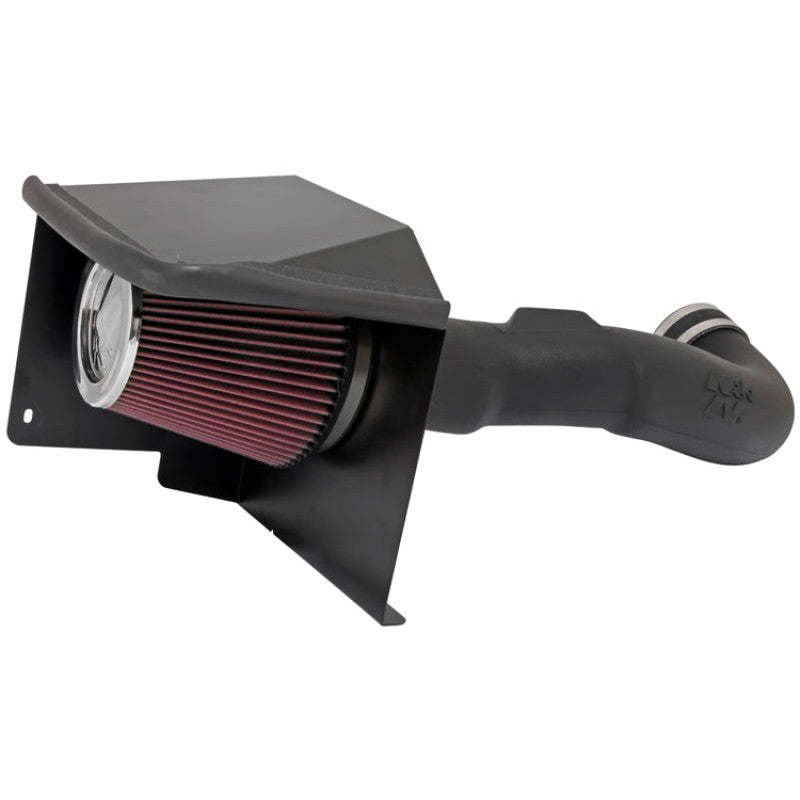 K&N FIPK 57-3070 performance intake kit featuring black rotationally molded tube, heat shield, and red cotton air filter.