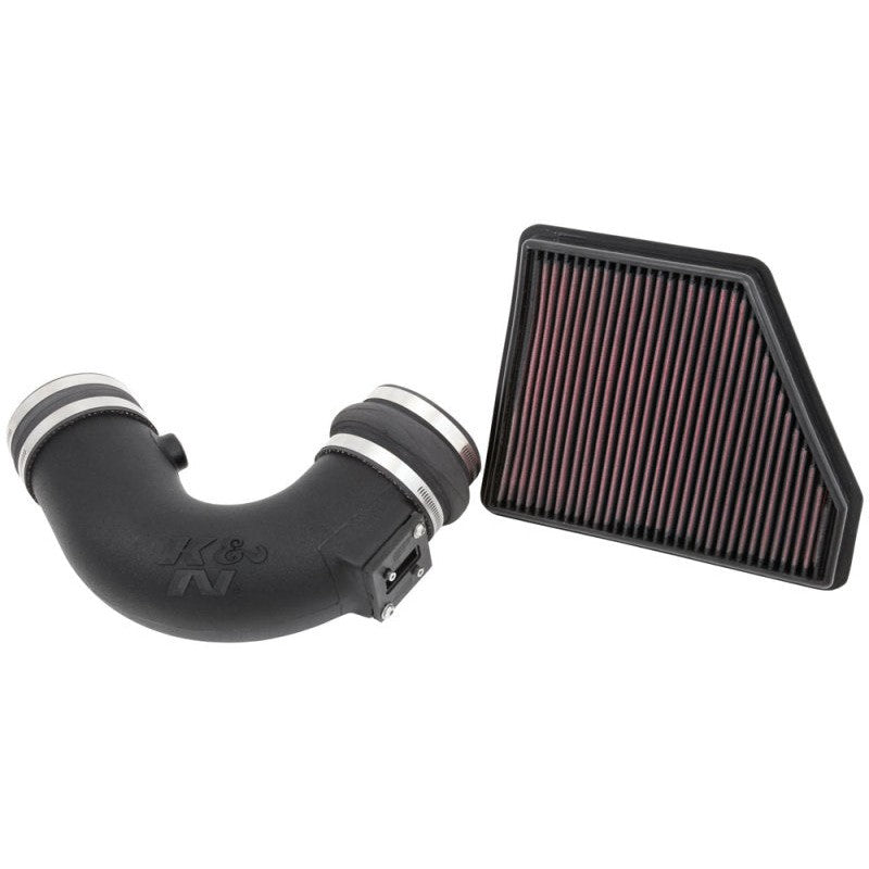 K&N 57 Series FIPK performance intake kit featuring a high-flow oiled filter and black intake tube for 6.2L Camaro V8.