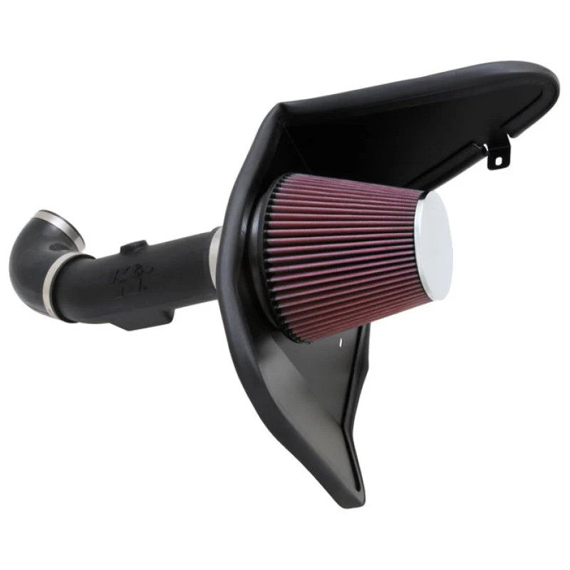 K&N 57 Series FIPK air intake system featuring a black HDPE tube, custom heat shield, and red oiled cotton air filter